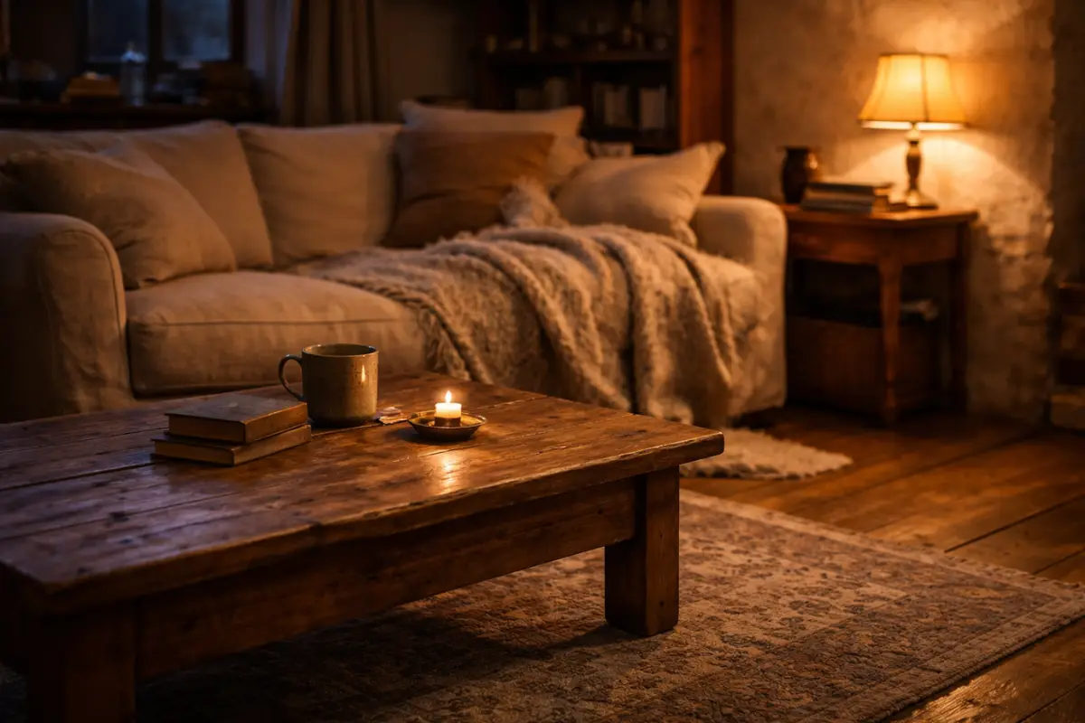Soft warm lamp glowing in a cosy living room at night